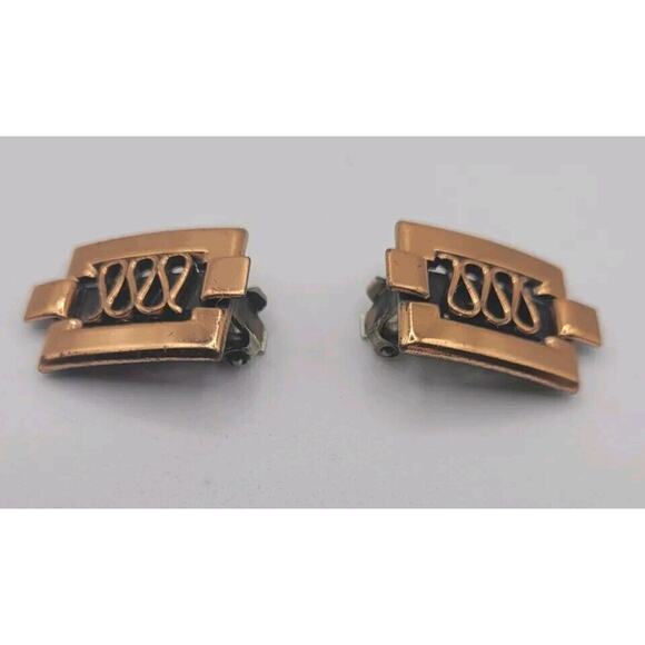 Renior Copper Rectangular Reticulated Link 15" Choker Necklace & Earring Set VTG - Picture 2 of 15